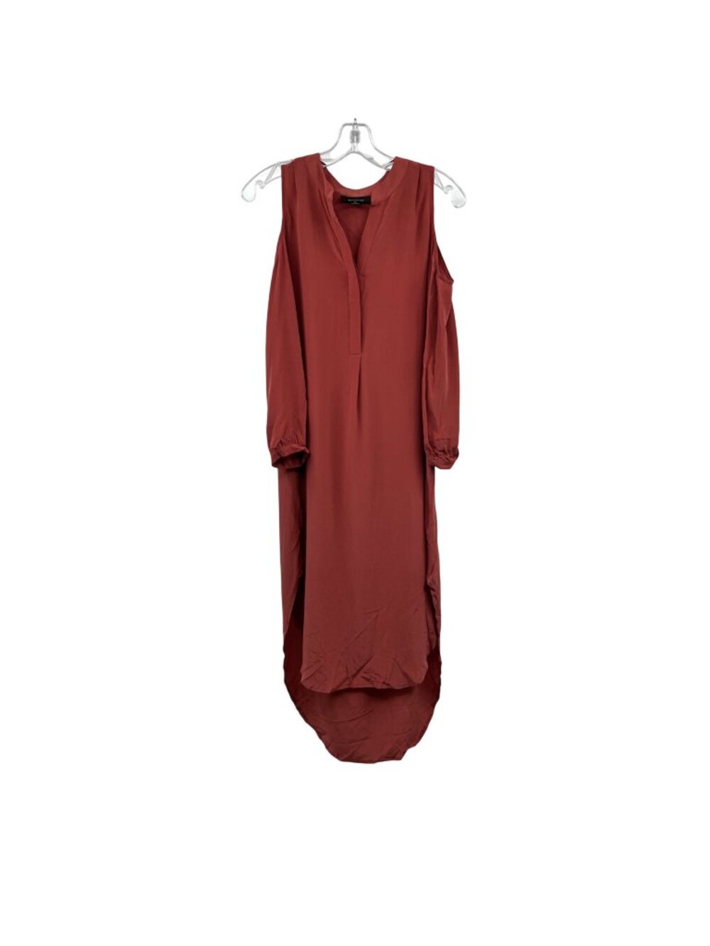 Acrobat Silk Hi Low Dress Cold Shoulder Long Sleeve Round Hem Rosewood Size XS
